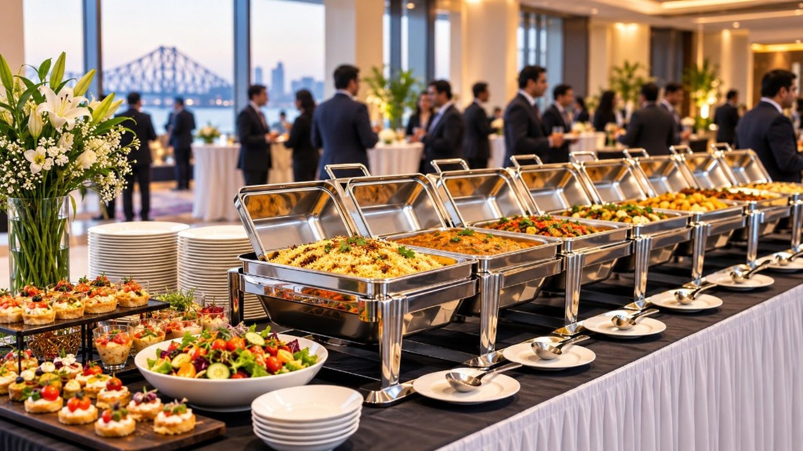 Premium banquet buffet at a Kolkata venue with skyline views